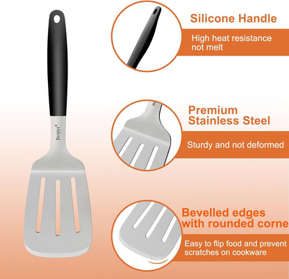 Stainless Steel Spatulas Set, Solid and Slotted Metal Turner Spatula for Cooking Cast Iron Skillet, Kitchen and Griddle Spatula with Full Tang Silicone Handle for Smash Burger, Pancake, Egg