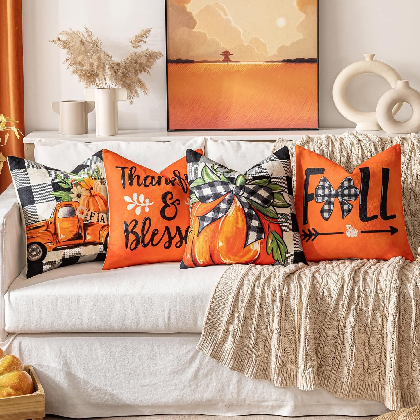 Fall Orange Throw Pillow Covers Buffalo Check Plaid Pumpkin Thanksgiving Harvest Decorations 18X18 Inch Autumn Gather Farmhouse Cushion Cases for Sofa Couch Set of 4