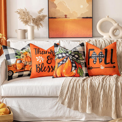 Fall Orange Throw Pillow Covers Buffalo Check Plaid Pumpkin Thanksgiving Harvest Decorations 18X18 Inch Autumn Gather Farmhouse Cushion Cases for Sofa Couch Set of 4