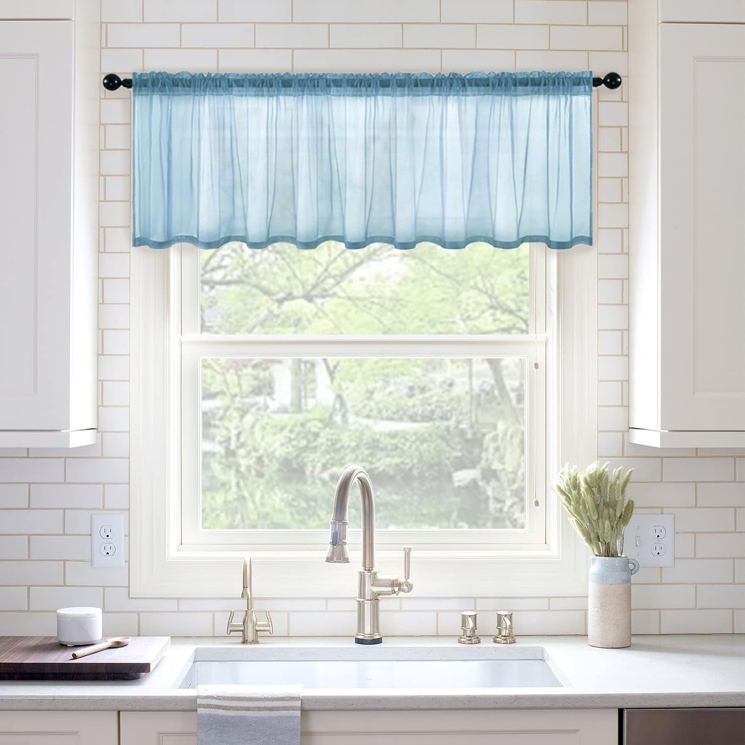 Half Window Sheer Curtains Rod Pocket Translucent Voile Drapes Extra Wide for Small Window Kitchen Cafe One Panel 54 X 18 Dusty Blue