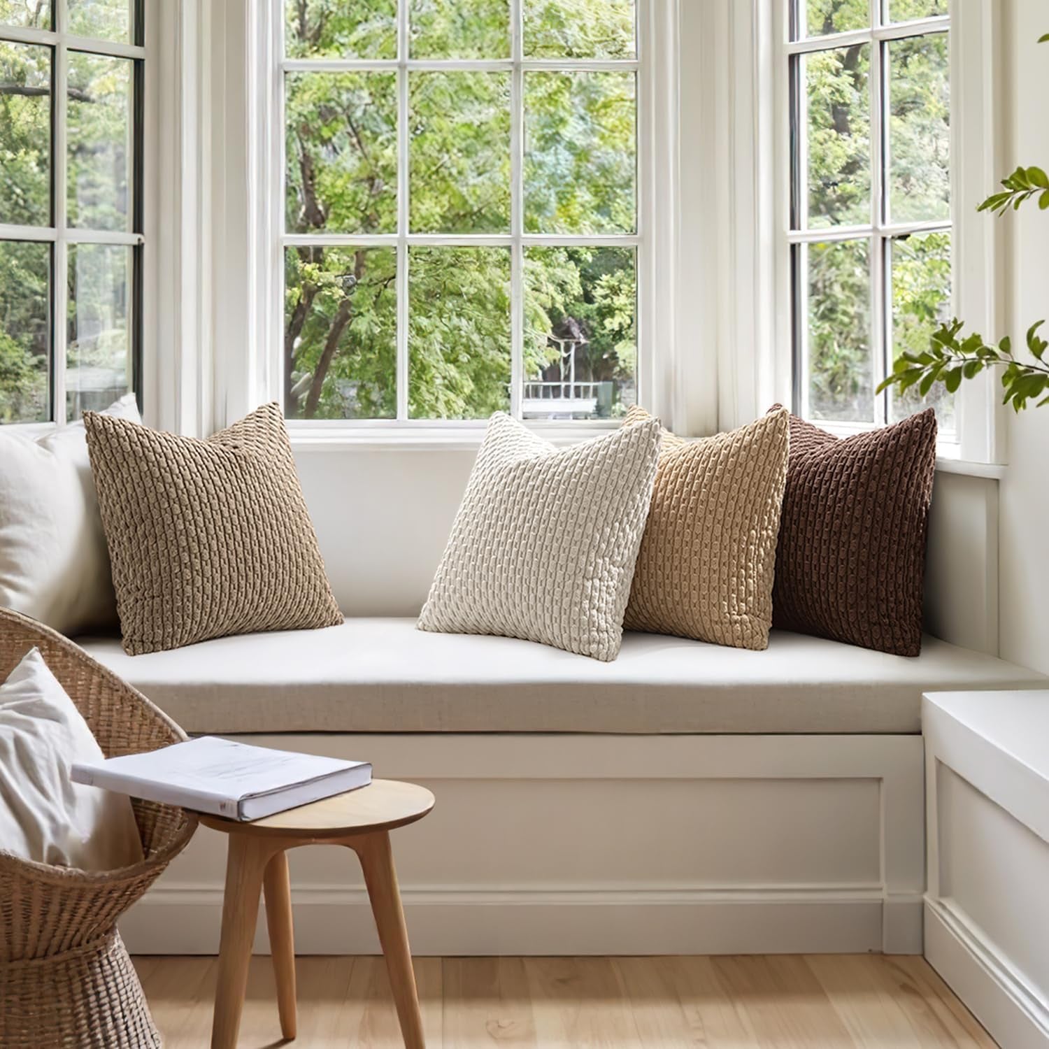 Throw Pillow Covers Soft Couch Decorative Set of 4 Boho Striped Cushion Covers Corduroy Pillowcases Farmhouse Accent Home Decor for Fall Couch Bed Sofa Living Room 18X18 Inch Brown