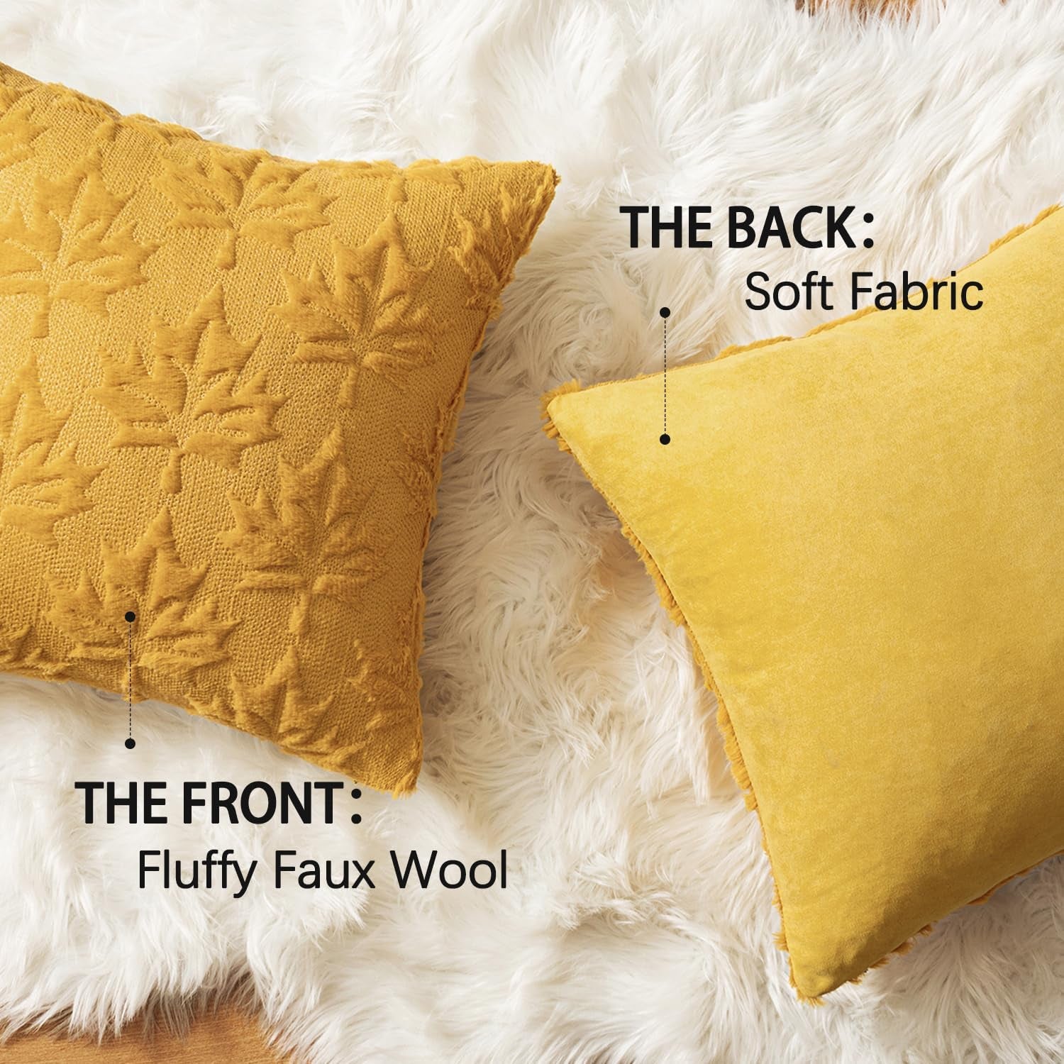 Mustard Yellow Fall Throw Pillow Covers 20x20 - Set of 2 Decorative Hollow Maple Leaf Accent Pillows in Soft Plush Faux Wool for Autumn Home Decor and Holiday Bedroom Use