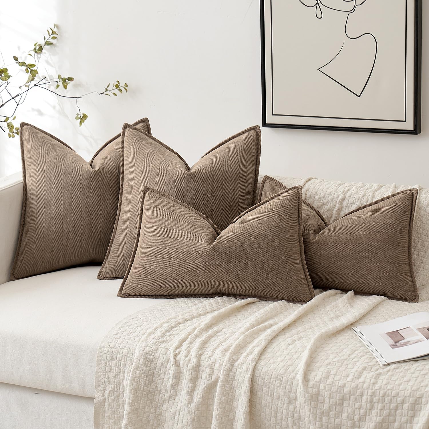 Set of 2 Coco Brown Chenille Decorative Pillow Covers 20x20 Inches - Luxurious Farmhouse Cushion Covers for Sofa, Bedroom, and Living Room Home Decor