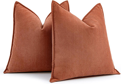 Set of 2 Burnt Orange Chenille Decorative Pillow Covers, 20x20 Inch - Luxurious Farmhouse Cushion Covers for Sofa, Bedroom, and Living Room Home Decor