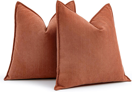Pack of 2 Burnt Orange Decorative Pillow Covers 18X18 Inch Fall Soft Chenille Luxurious Couch Throw Pillows Farmhouse Cushion Covers with Elegant Design for Sofa Bedroom Living Room Home Decor