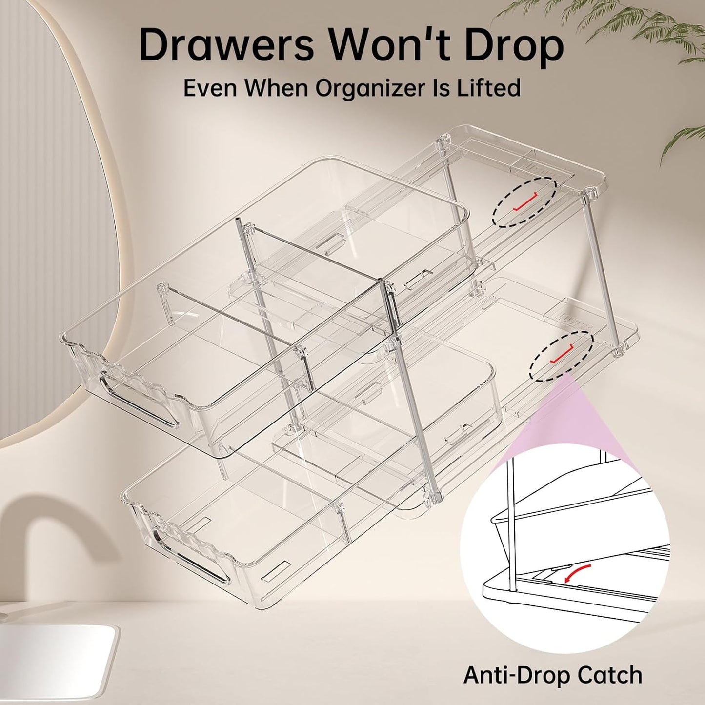 2 Pack Snap-Lock Bathroom under Sink Organizers and Storage, 2 Tier Pull Out Medicine Bathroom Cabinet Organizer, Multi-Purpose Kitchen Pantry Organization and Storage with Movable Divider