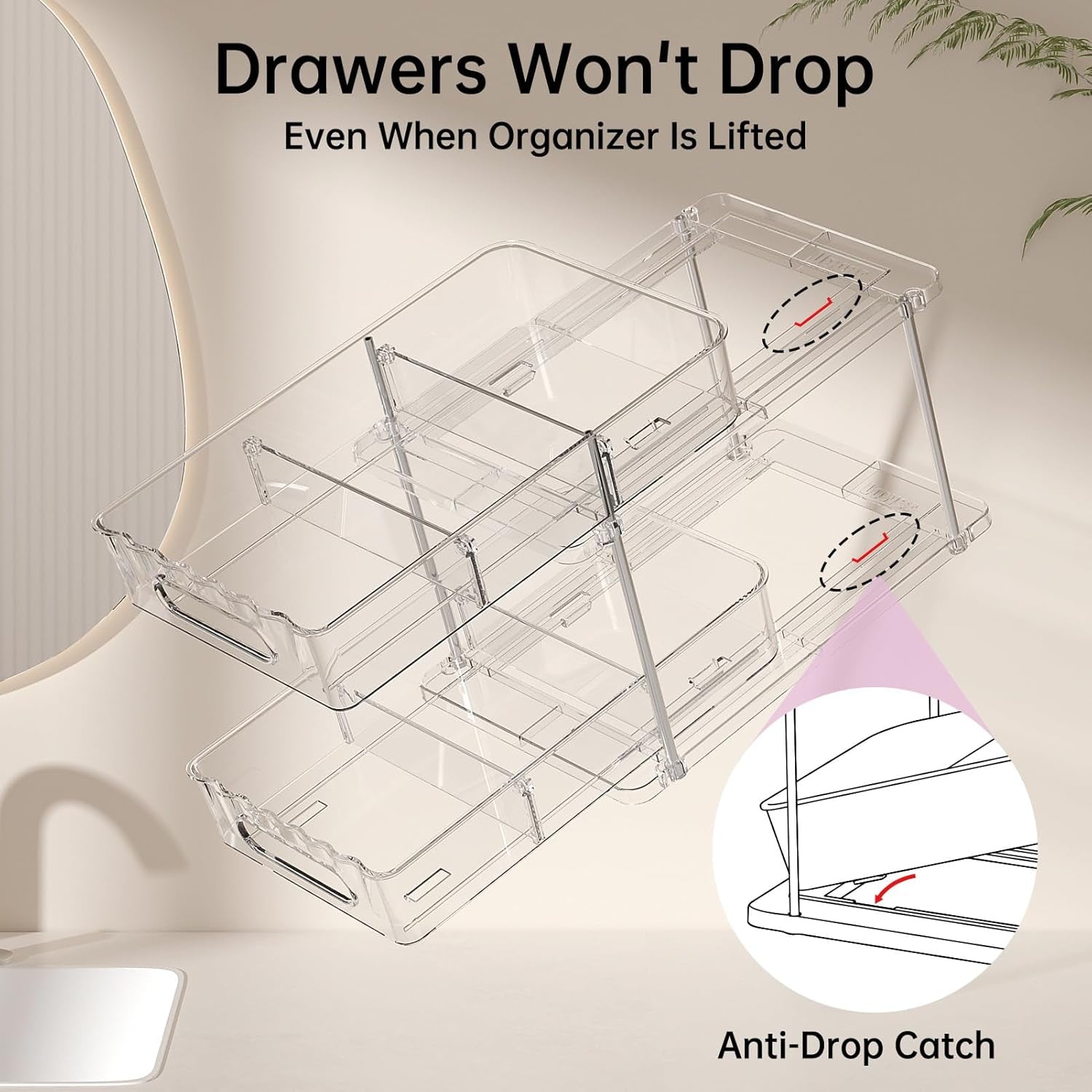 2 Pack Snap-Lock Bathroom under Sink Organizers and Storage, 2 Tier Pull Out Medicine Bathroom Cabinet Organizer, Multi-Purpose Kitchen Pantry Organization and Storage with Movable Divider