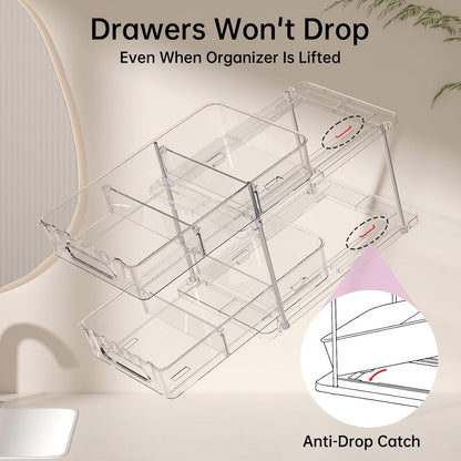 2 Pack Snap-Lock Bathroom under Sink Organizers and Storage, 2 Tier Pull Out Medicine Bathroom Cabinet Organizer, Multi-Purpose Kitchen Pantry Organization and Storage with Movable Divider