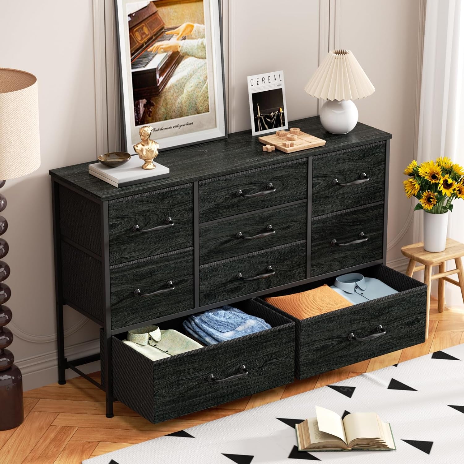 Bedroom Dresser with Nine Spacious Drawers - 55-Inch Long Chest TV Stand and Entertainment Center, Wood Shelf Storage Solution for Living Room, Dorm, Closet, and Entryway, Featuring a Sturdy Metal Frame in Black Oak