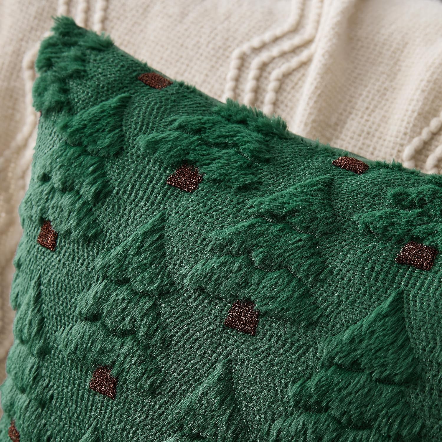 Christmas Tree Decorative Pillow Covers Faux Fur Wool Throw Pillows Soft Plush Cushion Covers Set of 2 Xmas Home Decor Winter Holiday for Sofa Couch Livingroom Bed 18X18 Inch Dark Green