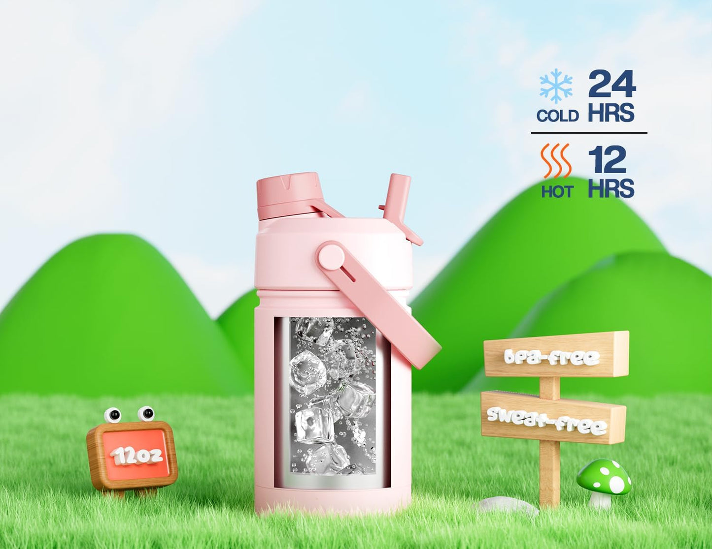 12 Oz Kids Insulated Water Bottle for School: 2-In-1 Straw Spout Lid, Leakproof, Bpa-Free, Keep Cold 24H, Insulated Stainless Steel Cup for Travel, Camping, Gift for Girls Daughters (Cotton Candy)