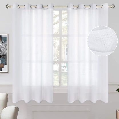 White Sheer Curtains 63 Inch Length 2 Panels for Bedroom, Light Filtering Linen Semi Sheer Privacy Curtains Grommet Opaque Textured Casual Drapes for Living Room, 52 X 63 Inch