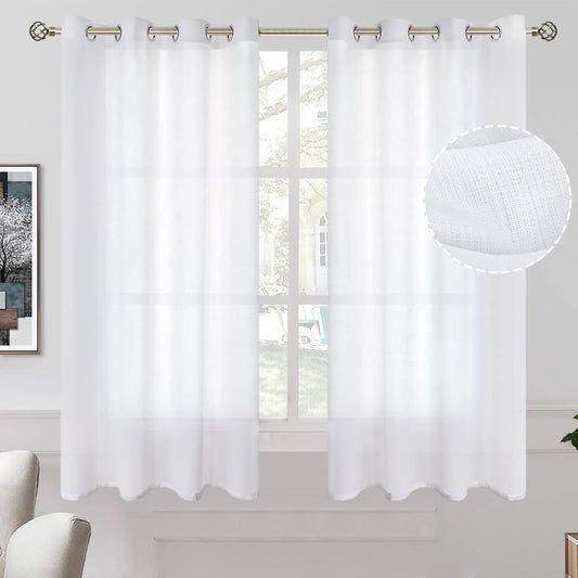 White Sheer Curtains 63 Inch Length 2 Panels for Bedroom, Light Filtering Linen Semi Sheer Privacy Curtains Grommet Opaque Textured Casual Drapes for Living Room, 52 X 63 Inch