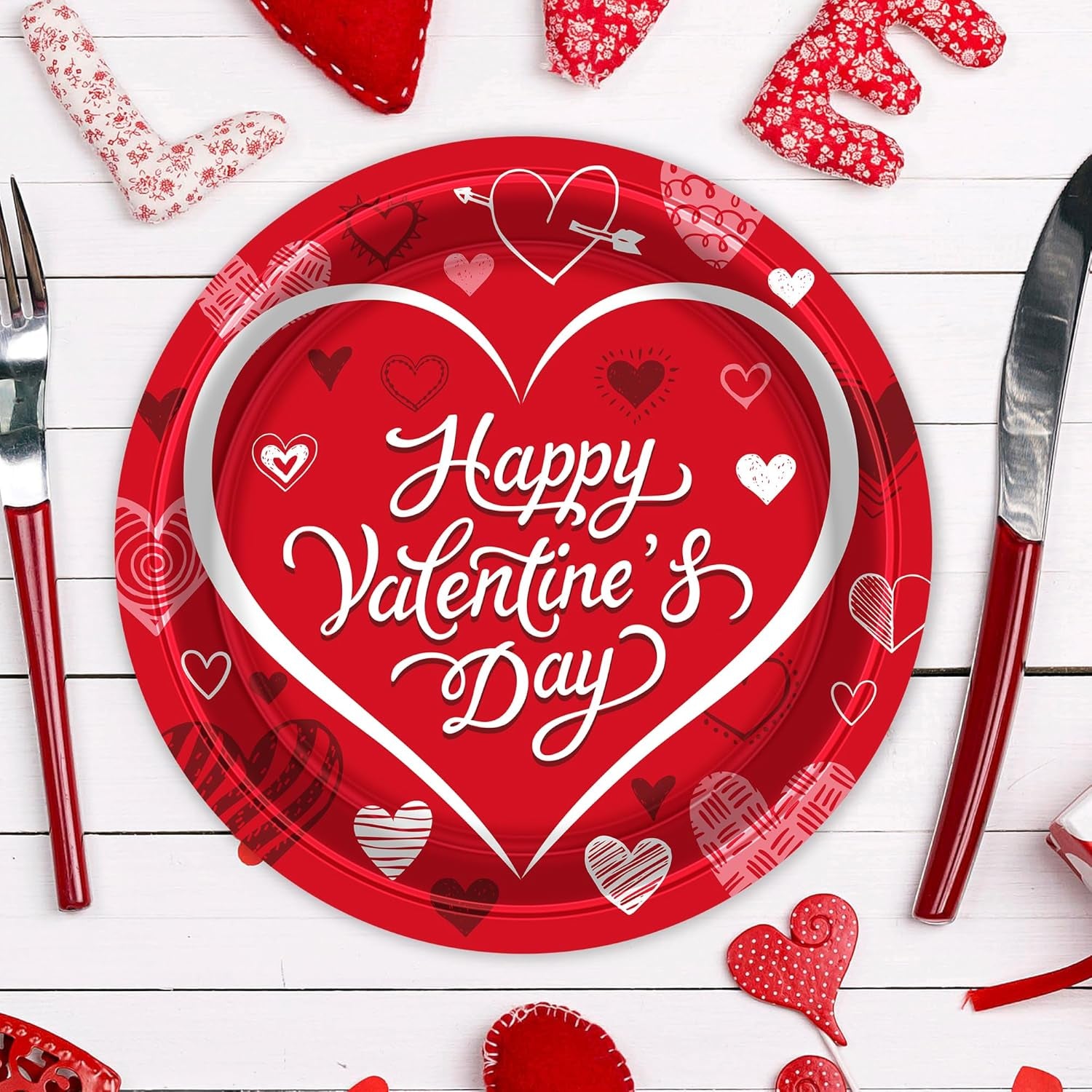 50 PCS Valentines Paper Plates, 9-Inch round Heart Plates, Happy Valentines Day Design Red Heart Plates Heart Disposable Plates, Heart Decorations for Party Wedding Birthday Anniversary