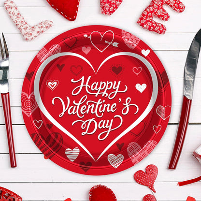 50 PCS Valentines Paper Plates, 9-Inch round Heart Plates, Happy Valentines Day Design Red Heart Plates Heart Disposable Plates, Heart Decorations for Party Wedding Birthday Anniversary