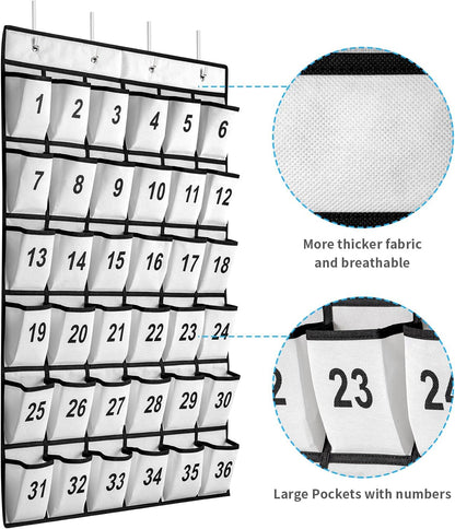 36-Pocket Numbered Classroom Pocket Chart for Cell Phone and Calculator Storage with 4 Stainless Steel Hooks (White)