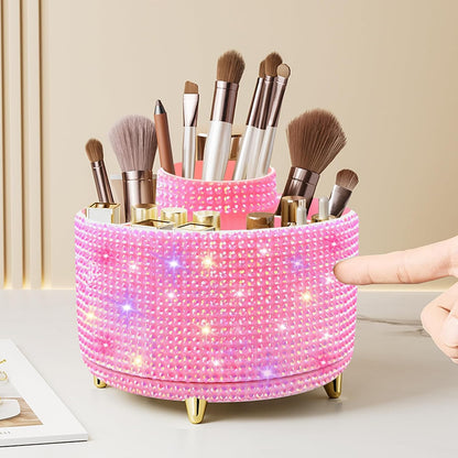 Bling Diamond 360° Makeup Brush Holder Organizer, Rotating Makeup Brush Organizer,5 Slot Make up Brushes Cup for Cosmetics, Vanity Desktop Organizer, Gift for Women Teen Girls- Diamond Pink