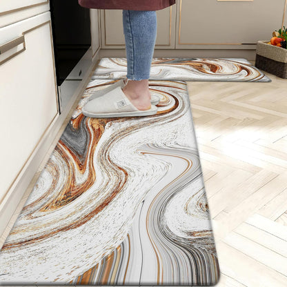 Kitchen Mats for Floor anti Fatigue Floor Marble Cushioned Memory Foam Non Slip PVC Leather Padded Comfort Standing Rugs Set of 2, 17.3X28+17.3X47 Inch,0.4 Inch Thick