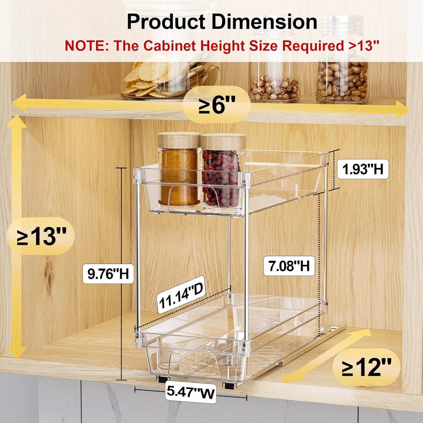 2 Packs Pull Out Spice Rack Organizer for Cabinet, 2 Tier Vertical Spice Organization, 5.47" Wx11.14 Dx9.76 H, Cabinet Size Need:13'' High X 12'' Deep X 6'' Wide(Not for Cabinet with Lip)