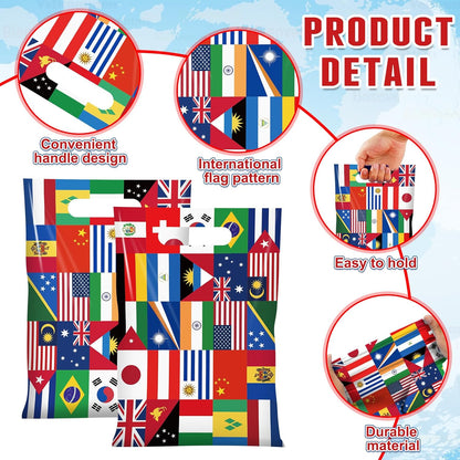 50 Pcs International Flag Plastic Gift Bags,World Flags Treat Goodie Bags with Handle for Soccer Sports Party Celebration School Party Decorations,6.7X 10 Inches