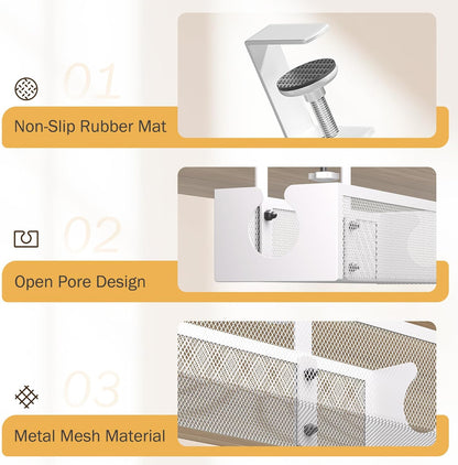 under Desk Cable Management Tray with 2 Open Holes - Metal Mesh Wire Management with F-Clamp, No Drill Cord Organizer, Home Office Cable Tray under Desk Storage & Accessories, 1 Pack, White