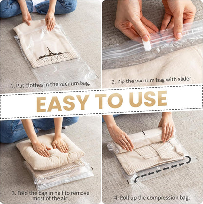 12 Pack Travel Compression Bags, Roll up Space Saver Bags (6 Large+6 Medium), No Vacuum Needed Reusable Packing for Luggage, Suitcase, Backpack, Travel Essentials, Clear