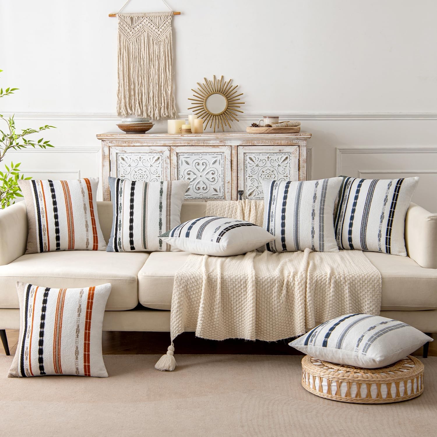 Fall Set of 2 Decorative Throw Pillow Covers Boho Farmhouse Cushion Covers Chenille Striped Pillow Covers Soft Accent Neutral Pillowcases for Sofa Couch Bed Home Decor,18×18 Inch,Black