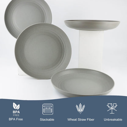 Deep Dinnerware Set of 12 - Eco-Friendly Wheat Straw Plates, Microwave and Dishwasher Safe, Unbreakable Design for Children (Grey, 10 Inches)