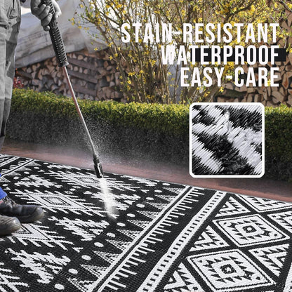 Outdoor Rug Waterproof 5X8 Ft, Reversible Outdoor Plastic Straw Rug, Boho Patio Rug, Indoor Outdoor Carpet, RV Mat outside for Patio, Camp, Picnic, Balcony, Deck, Backyard, Black & White