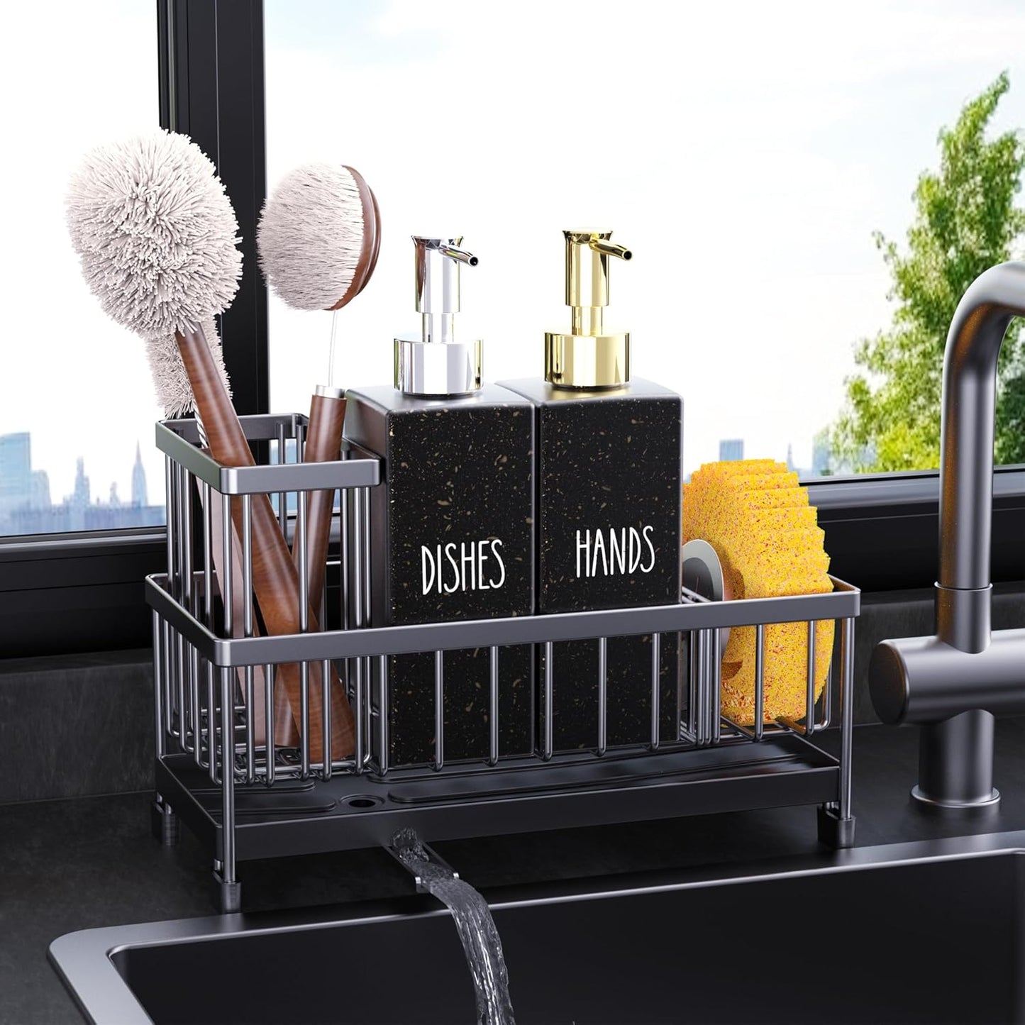 Kitchen Soap Dispenser Set with Sink Caddy, 12 Oz Glass Bottle, Hand and Dish Soap Dispenser Set with Sponge Holder (Black Sink Caddy + Black Bottle)