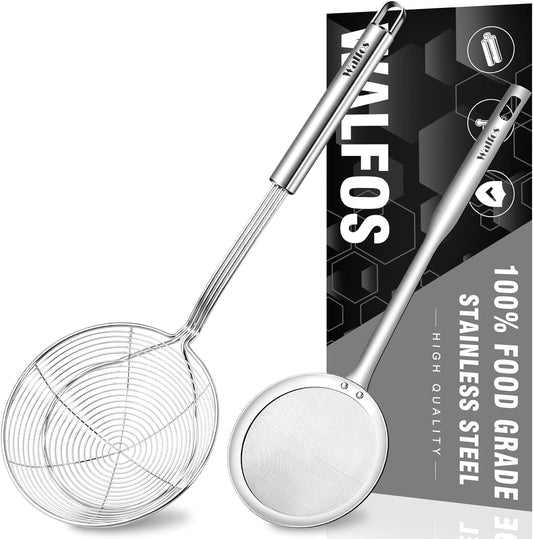 Spider Strainer, Set of 2-5.5 Inch Stainless Steel Fryer Scoop & 4 Inch Fat Skimmer Spoon, Kitchen Spider Skimmer Strainer with Handle, for Cooking Deep Fryer, Pasta, Egg,Fat