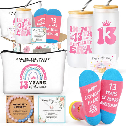 13Th Birthday Gifts for Girls – Gift Set for 13 Year Old Girl with Glass, Jewelry, Bracelet, Socks, Makeup Bag – Teen Girl 13Th Birthday Decorations – Present for Daughter, Niece, Granddaughter