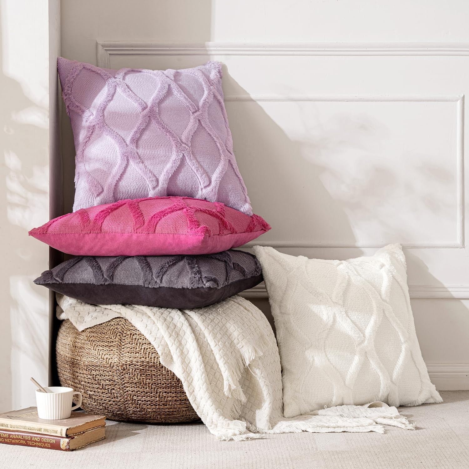 Decorative Throw Pillow Covers Blue Purple 18X18 Inch Set of 2, Soft Plush Faux Wool Couch Cushion Covers Farmhouse Throw Pillows for Couch Bed Sofa Living Room