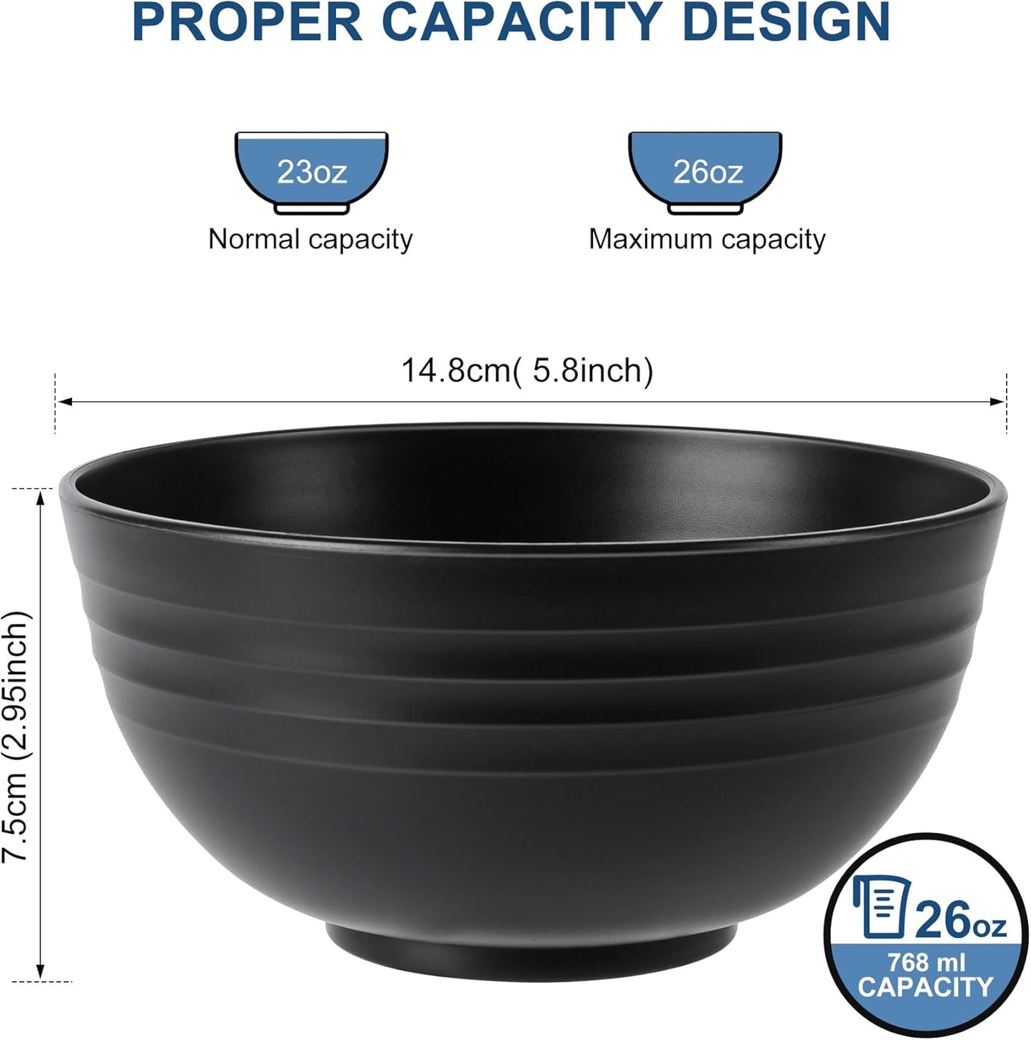 BPA Free Unbreakable Wheat Straw Cereal Bowls - Microwave & Dishwasher Safe Soup and Salad Bowls, Set of 8, 26Oz, Black