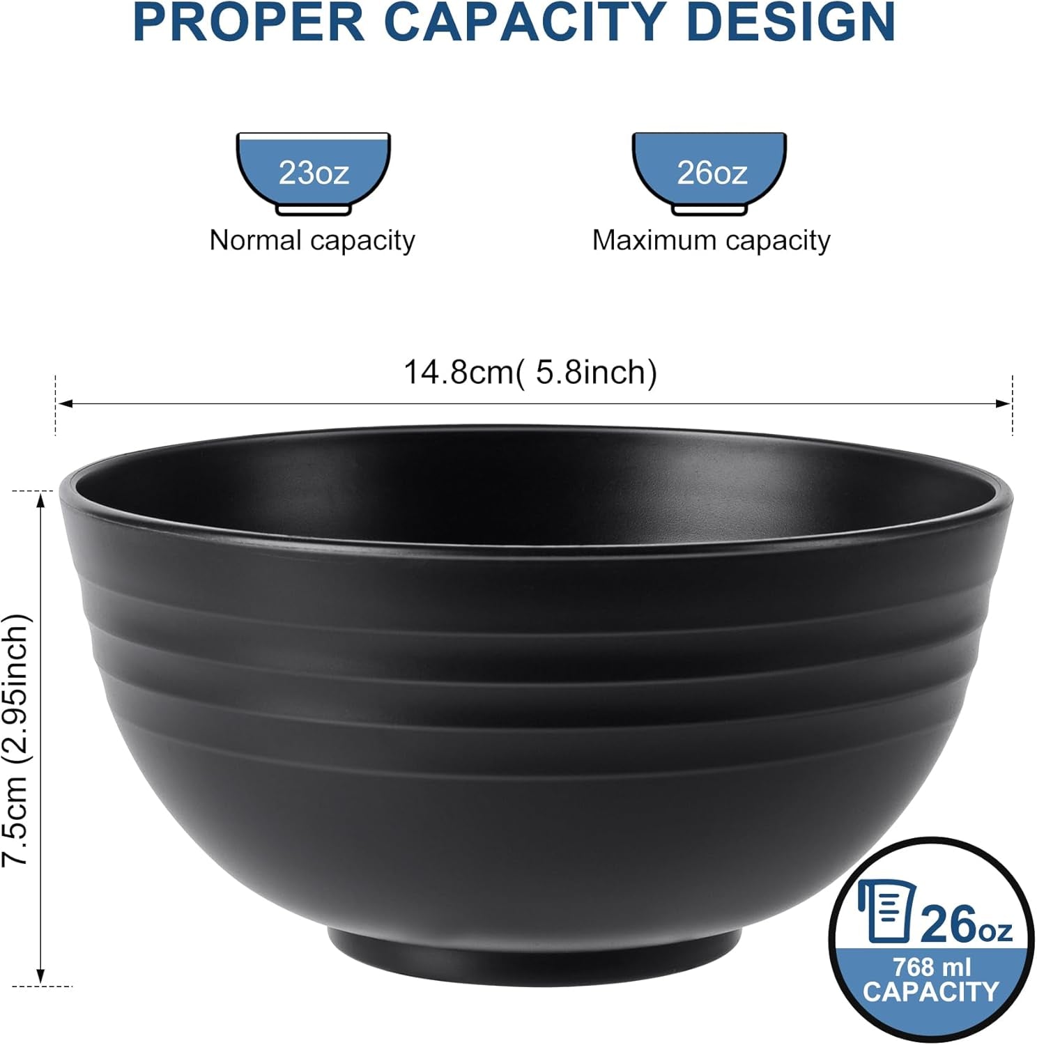 BPA Free Unbreakable Wheat Straw Cereal Bowls - Microwave & Dishwasher Safe Soup and Salad Bowls, Set of 8, 26Oz, Black