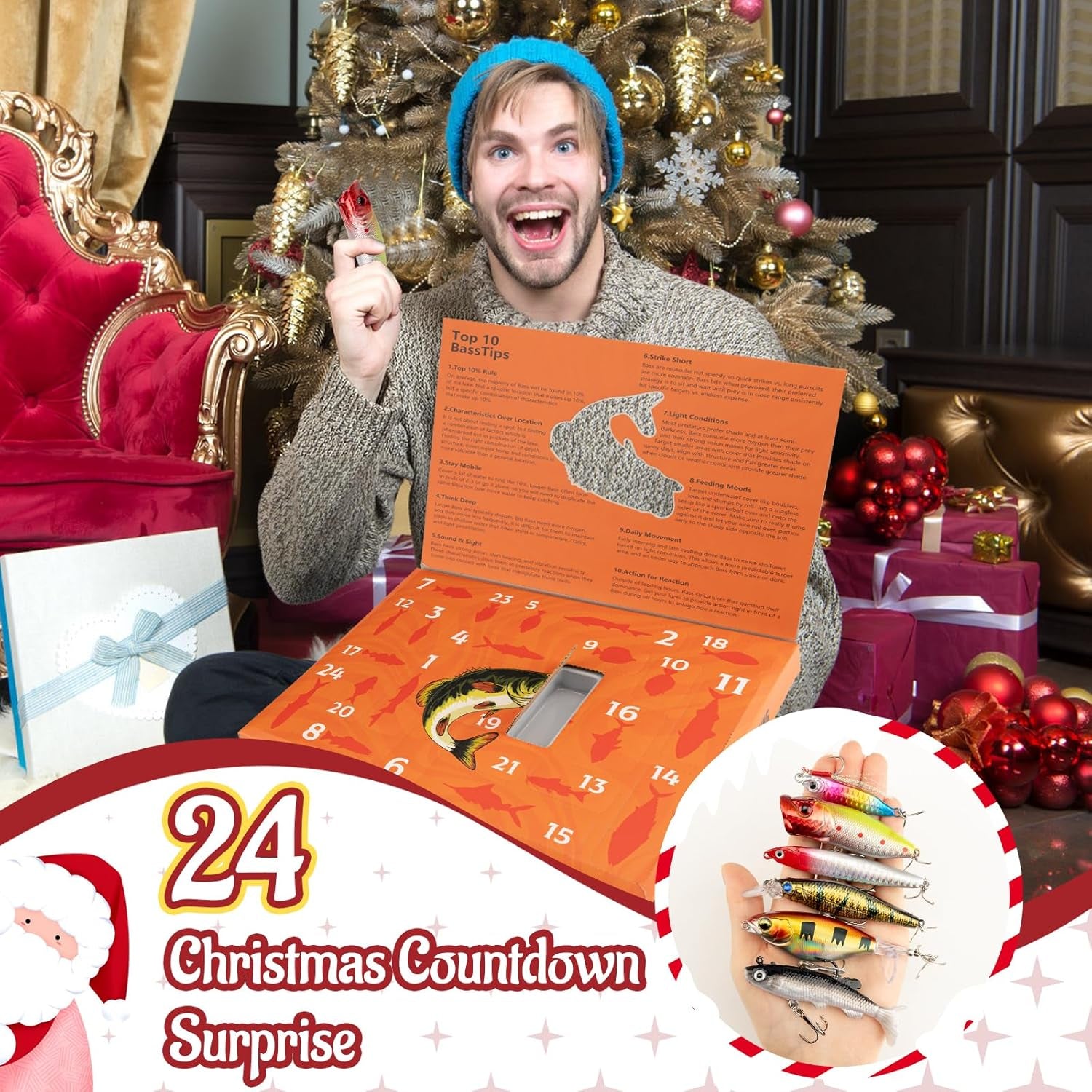 24 Days Fishing Lure Advent Calendar 2025 for Men & Teen Boys, 24 Unique Artificial Baits for Fresh/Saltwater | Christmas Countdown Gift for Anglers (Crankbaits, Poppers, Minnows, Jigs, Frog Lures)