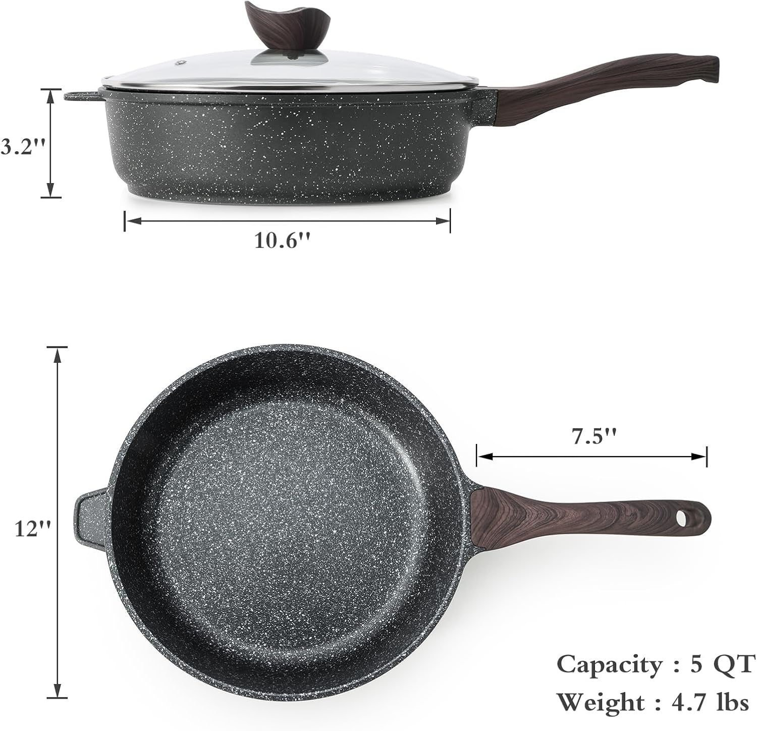 Nonstick Deep Frying Pan with Lid, 12 Inch Large Skillet, 5 Qt Non Stick Saute Pan for Cooking, Healthy Induction Cookware, PFOA Free