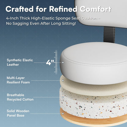 Adjustable Drafting Chair with Back Support and Foot Rest, Versatile Rolling Stool for Office, Home Bar, Kitchen, and Shop - White