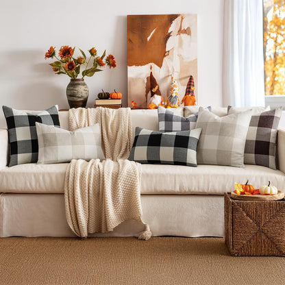 Halloween Pack of 2 Farmhouse Buffalo Check Plaids Linen Throw Pillow Covers Soft Soild Decorative Home Decor Outdoor Cushion Case for Sofa Bedroom 18 X 18 Inch, Black and White