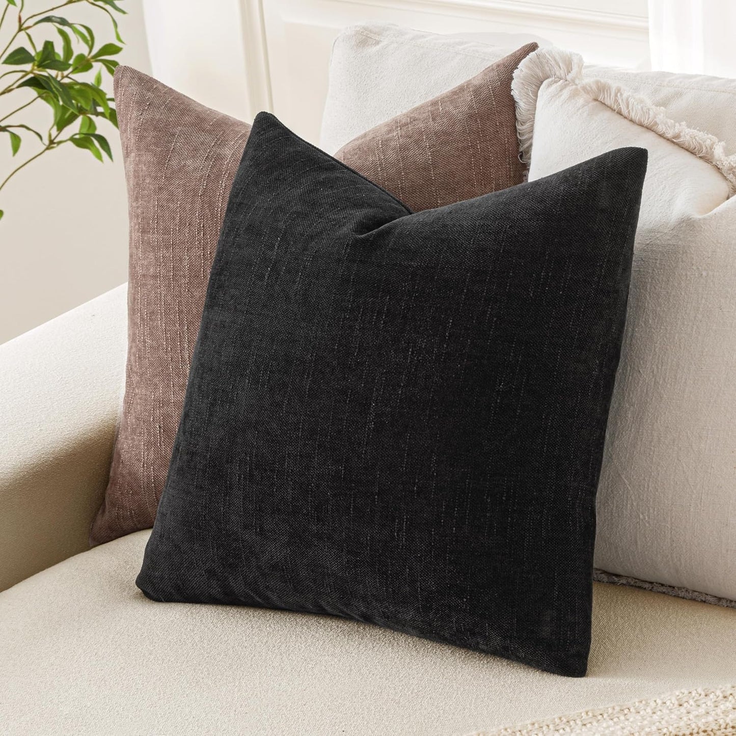 Set of 2 Chenille Decorative Throw Pillow Covers - Soft Textured Cushion Covers in Solid Black for Couch, Sofa, and Bedroom, 20x20 Inches