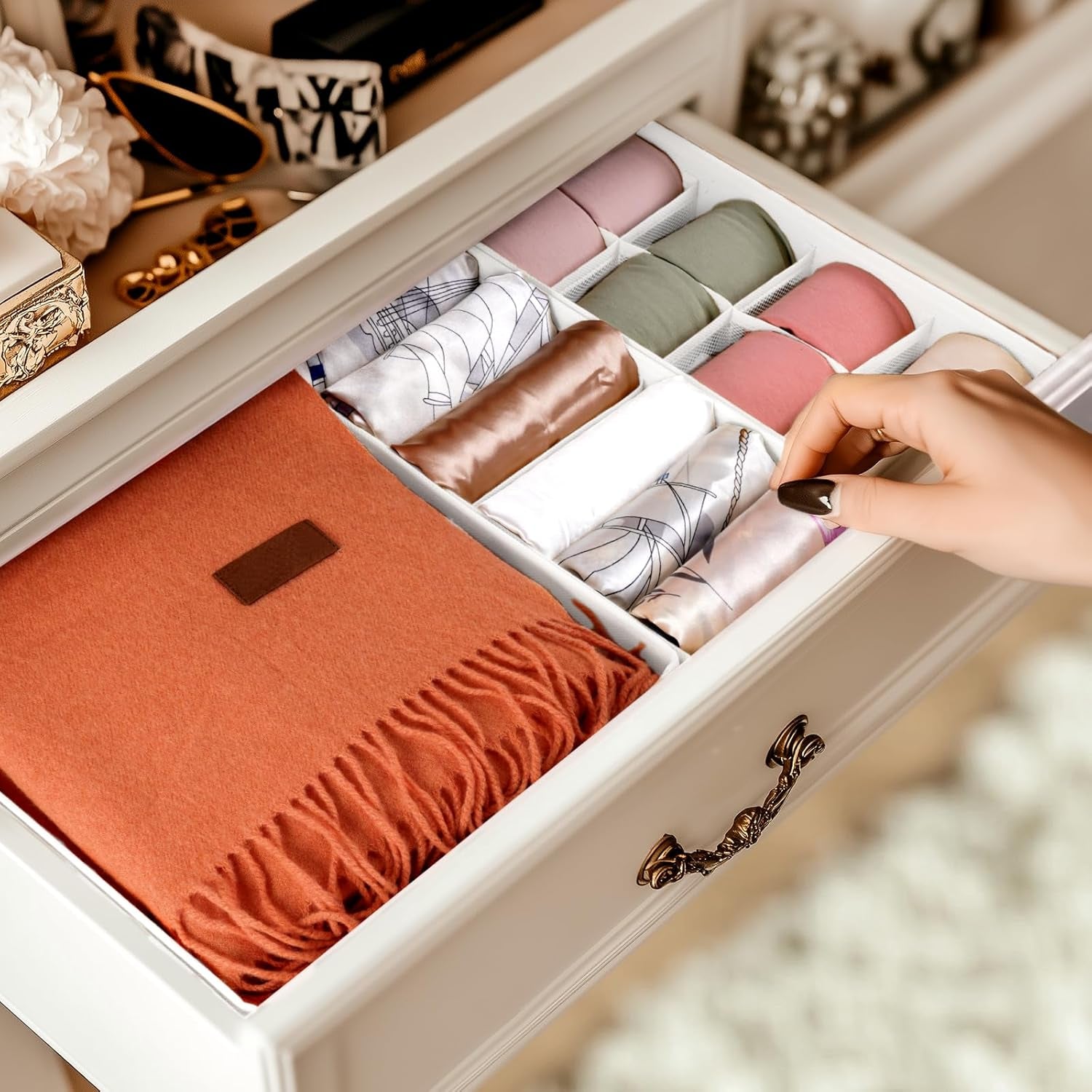 Underwear Sock Drawer Organizer Dividers 8 Set, Foldable Dresser Closet Organizers and Storage Bins for Baby Clothing, Sock, Underwear, Bra, Ties, Scarf (White)