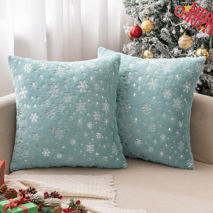 Set of 2 Christmas Decorative Throw Pillow Covers Soft Faux Fur Winter Pillow Covers with Silver Snowflake Glitter Holiday Festival Pillowcases for Couch Sofa Bed, 18×18Inch, Aqua Green