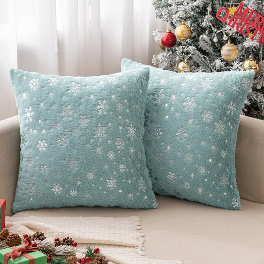 Set of 2 Christmas Decorative Throw Pillow Covers Soft Faux Fur Winter Pillow Covers with Silver Snowflake Glitter Holiday Festival Pillowcases for Couch Sofa Bed, 18×18Inch, Aqua Green