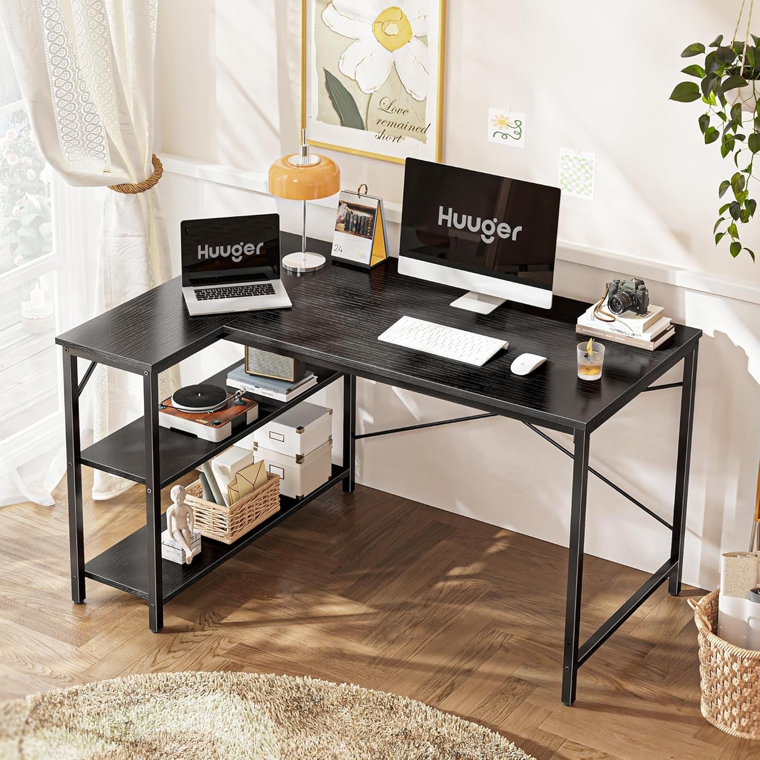 L-Shaped Computer Desk, 47-Inch Home Office Writing and Gaming Station with Reversible Storage Shelves and Metal Frame, Black