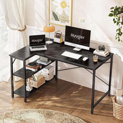 L-Shaped Computer Desk, 47-Inch Home Office Writing and Gaming Station with Reversible Storage Shelves and Metal Frame, Black