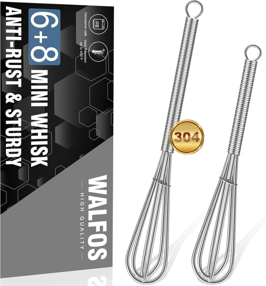 Mini Whisk,Non-Rust Whisk,304 Stainless Steel Small Whisk.Heat Resistant 450℉.6+8Inch Tiny Whisk Nice for Whisking, Blending Ingredients, Beating, Mixing Sauces (Silver)