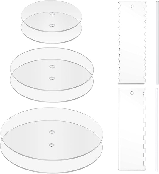 Acrylic Round Cake Discs Set (6.5”, 8.5”, 10.5”) with Dual Circles for Each Size, Includes Comb Icing Scraper and Edge Smoother Cream Scraper
