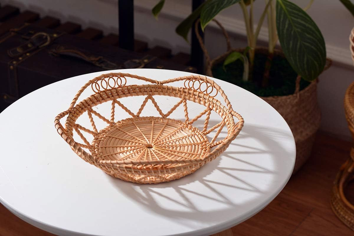 Woven Bread Baskets for Serving Rattan Tray for Fruit Food Kitchen Taptop Natural (10.6Inch D X 3.5Inch H)