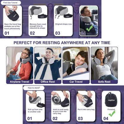 Neck Pillow for Traveling, Upgraded Travel Neck Pillow for Airplane 100% Pure Memory Foam Travel Pillow for Flight Headrest Sleep, Portable Plane Accessories, Light Grey
