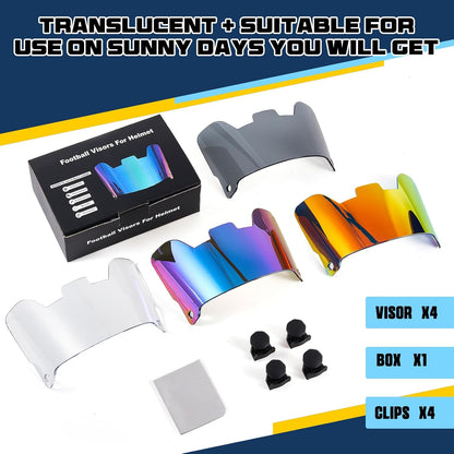 4-Pack Clear Football Helmet Visors - Scratch Resistant, UV Protection, Adult and Youth Lacrosse Eye and Facial Shield (Classic Colors)